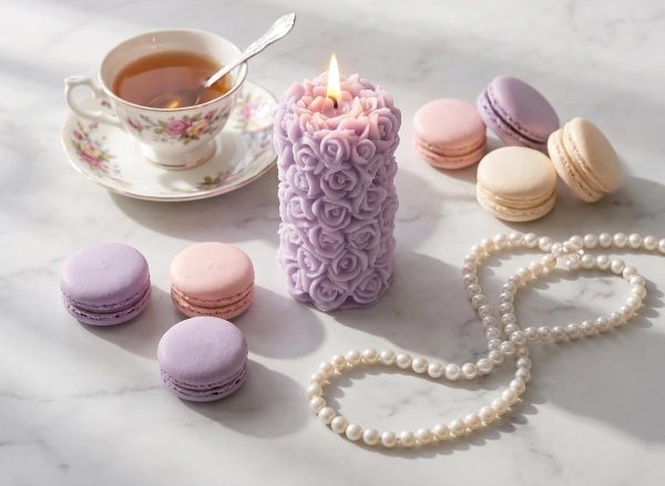 Rose Scented Pillar Candle with Purple Rose Cluster Design