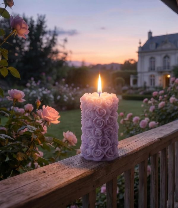 Rose Scented Pillar Candle with Purple Rose Cluster Design
