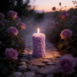 Rose Scented Pillar Candle with Purple Rose Cluster Design